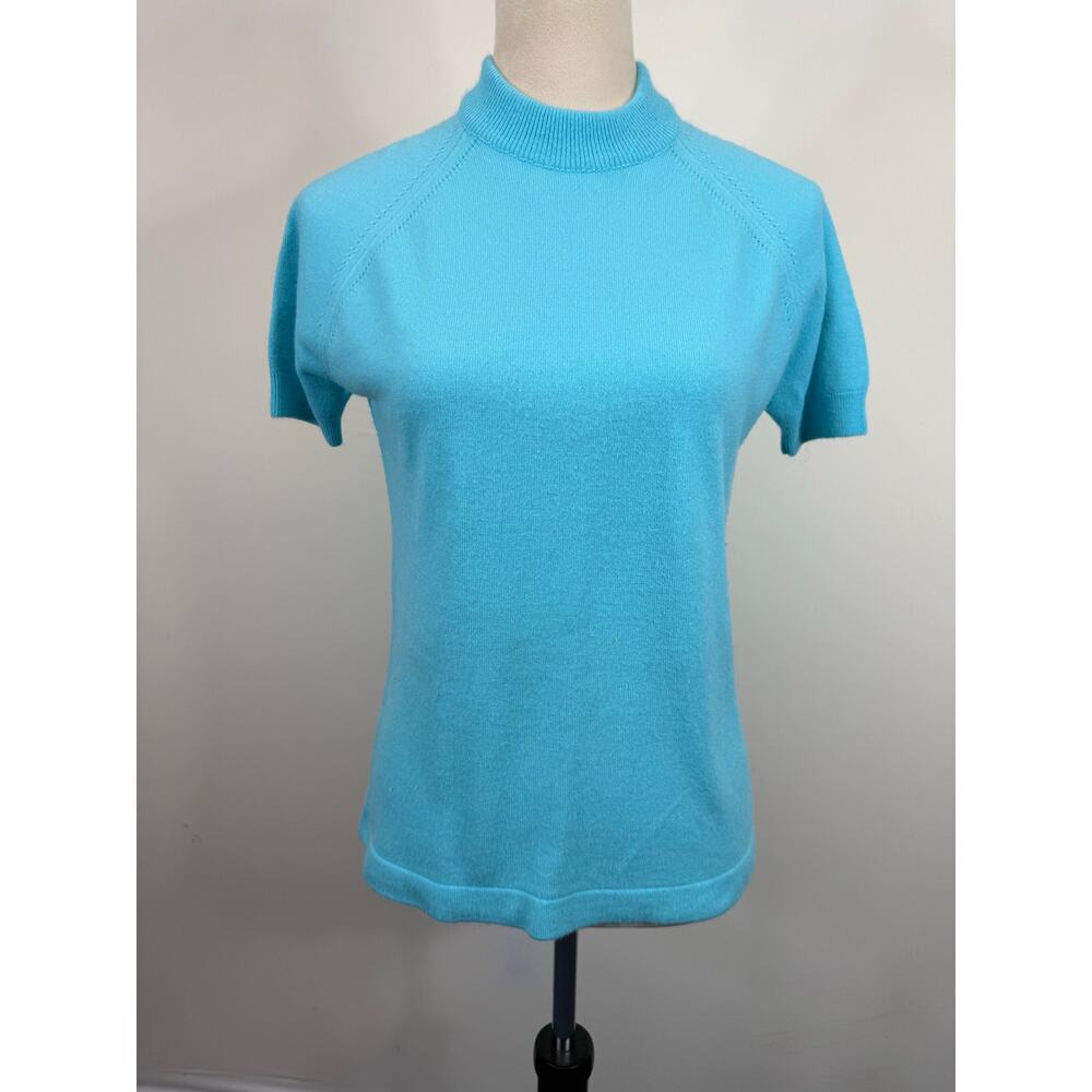 The Talbott Blue Taralan Mock Neck Sweater Vintage 60s 70s Slim Zip Back Sz M